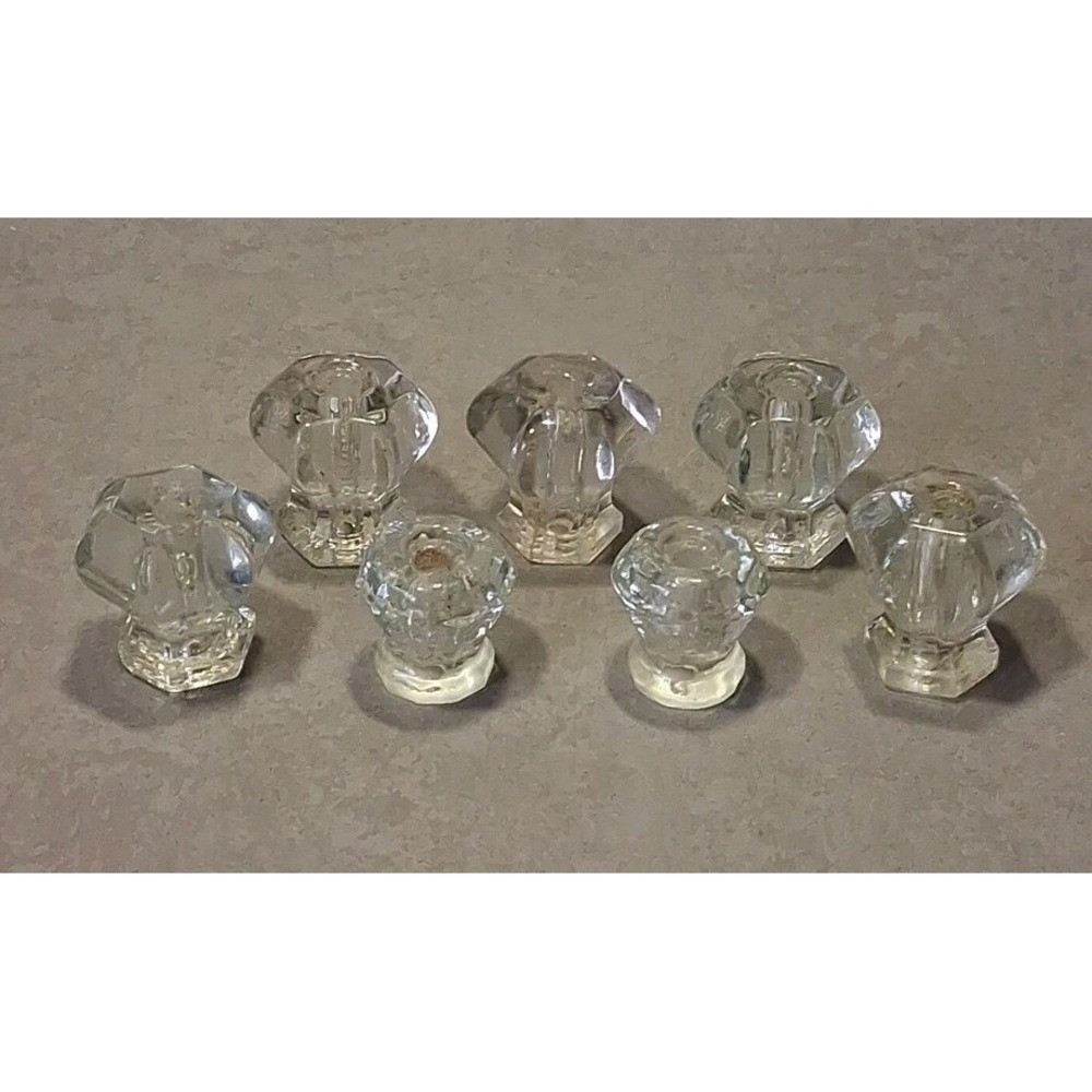 7 Antique 6 Sided Hexagon Glass Pulls, 1", 3/4" Cabinet Drawer Pull